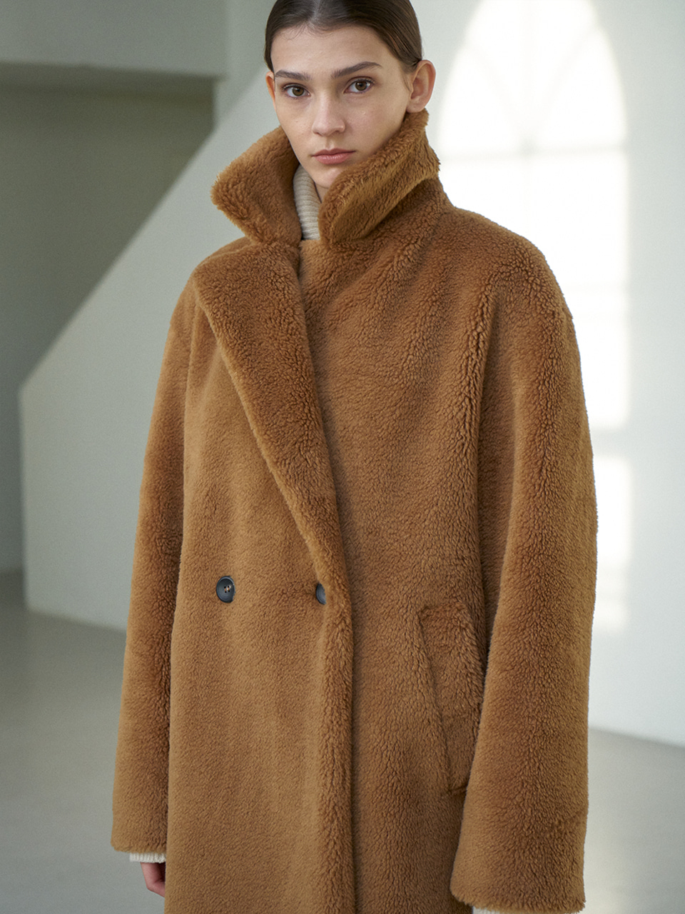 Wool eco fur tailored collar coat brown