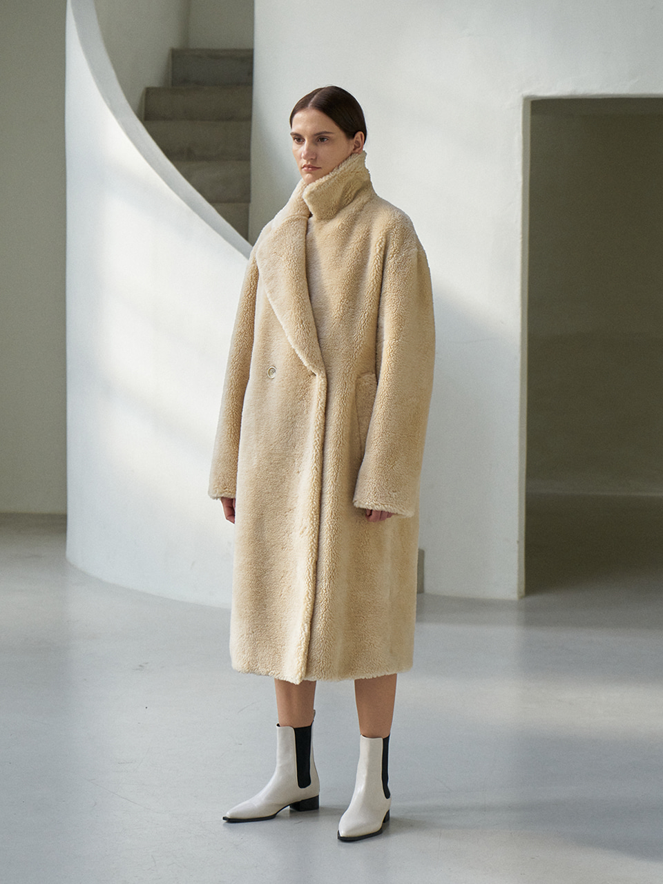 Wool eco fur tailored collar coat ivory